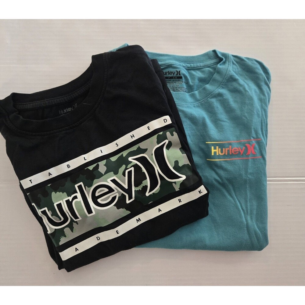 Hurley Boys Long Sleeve Graphic Logo T-Shirts Black & Teal 8-10 YRS 100% Cotton